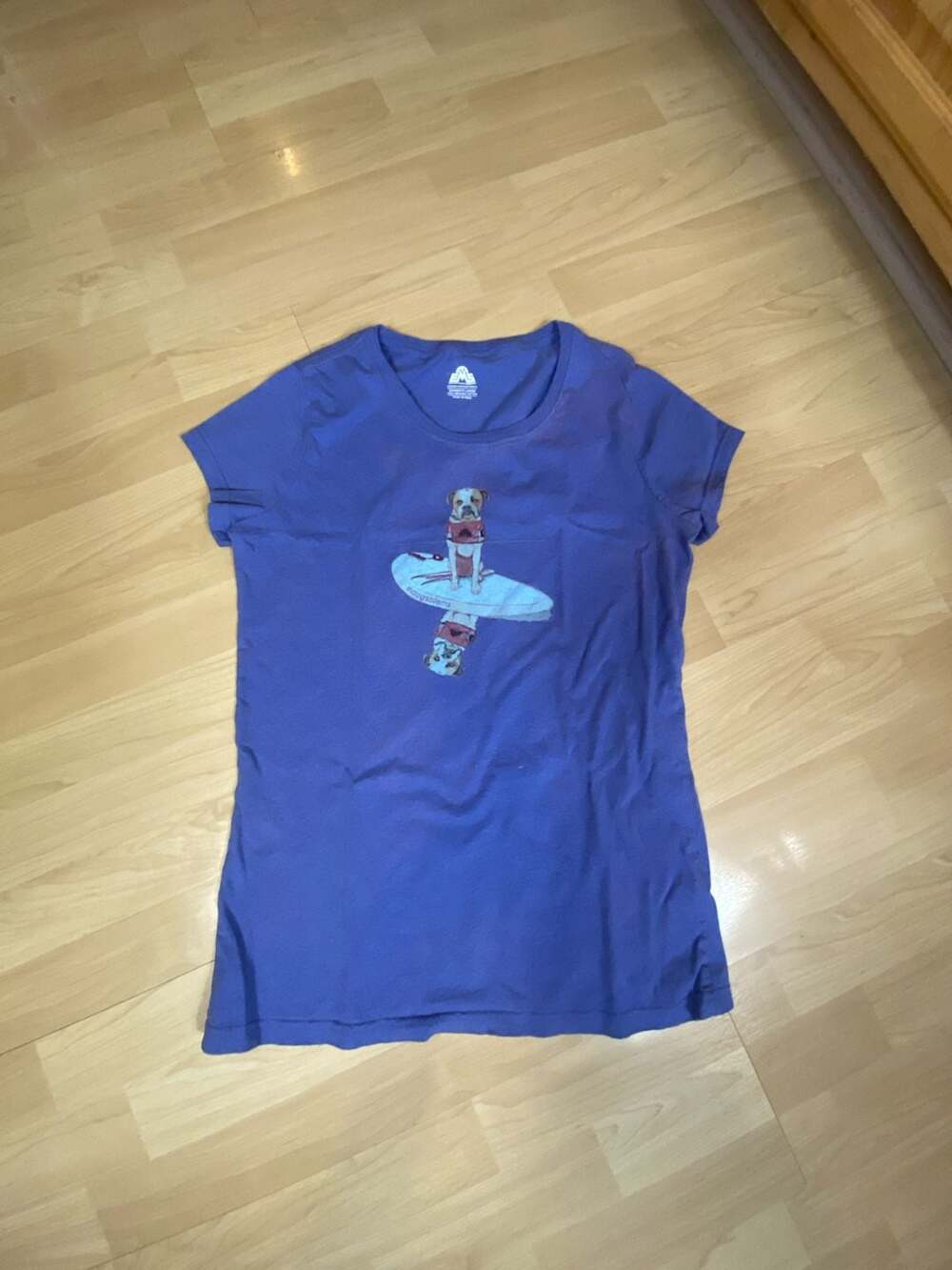 EMS Eastern Mountain Sports Dog on Surfboard Graphic T-Shirt Blue Women’s L